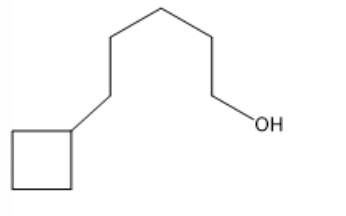 <p>The correct IUPAC name for the following compound is:</p><p></p><p>5-(1-pentanolyl)-cyclobutane</p><p></p><p>5-cyclobutyl-1-pentanol</p><p></p><p>1-cyclobutyl-5-pentanol</p><p></p><p>1-(5-pentanolyl)-cyclobutane</p><p></p><p>none of these choices</p>