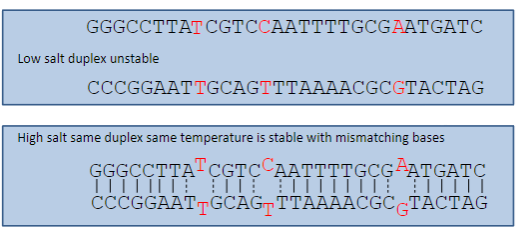 <p>High salt concentration reduces the specificity of base pairing at a given temperature</p>