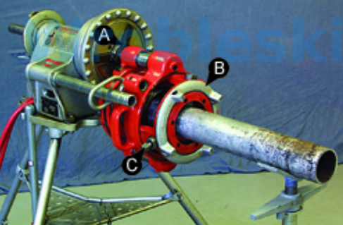 <p>Question 10</p><p>Match the correct description to the corresponding letter in the illustration.</p><p></p><p>Options:</p><p>Chuck</p><p>Drive Shaft</p><p>Set Bolt</p>