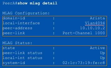 <p><strong>MLAG Configuration</strong></p><p><strong>Step 3: Configure the <span class="tt-bg-red">____</span></strong></p><p>- All MLAG configuration achieved under the “mlag” context</p><p>- Define the MLAG domain-ID, must be identical on both switches (case</p><p>sensitive)</p><p>- Define the port-channel to be used for the peer link</p><p>- Define the local interface to be used for the MLAG session</p><p>- Define the remote peer’s IP address for creating the MLAG session</p>