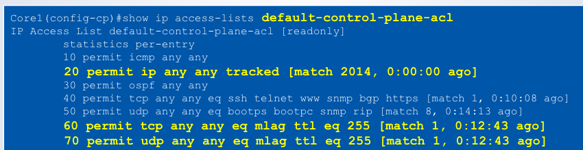 <p>To permit the MLAG communication between peers,</p><p>appropriate MLAG-related UDP and TCP entries should be present in the default control plane ACL or in a custom ACL if one is used instead:</p><p>- permit ip any any tracked</p><p>- permit tcp <span class="tt-bg-red">___</span></p><p>- permit udp <span class="tt-bg-red">___</span></p>