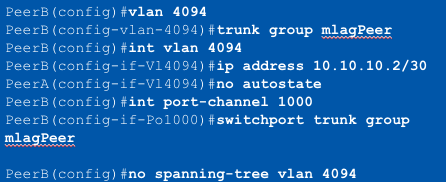 <p><strong>MLAG Configuration</strong></p><p><strong>Step 2: Create the Peer link VLAN</strong></p><p>- VLAN used for MLAG TCP/UDP session</p><p>- SVI needs to be created for the VLAN</p><p>- Spanning tree must be disabled on the VLAN</p><p>- Peer link VLAN recommended to be configured within a <span class="tt-bg-red">____</span></p><p>- <span class="tt-bg-red">____</span> needs to be explicitly configured on the peer link</p>