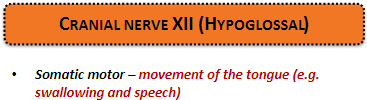 <p><strong>Somatic motor:</strong> Controls movement of the <strong>tongue</strong>, essential for <strong>swallowing</strong> and <strong>speech</strong>.</p>