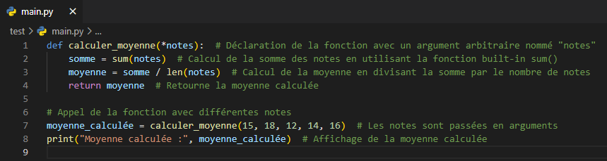 <p>1.calculer_moyenne</p><p>2.*notes</p><p>3. sum(notes)</p><p>4. somme (des éléments numériques)</p><p>5. longueur</p><p>6. instruction return</p><p>7. arguments</p>