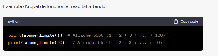 <p><strong><u><sup>Calcul de la somme des nombres jusqu'à une valeur limite</sup></u></strong> </p><p>Écrivez une fonction récursive appelée somme_limite qui prend un entier limite comme argument par défaut et renvoie la somme de tous les nombres de 1 jusqu'à la limite. Utilisez la récursion, une valeur de paramètre par défaut, la fonction sum() et une boucle while pour résoudre ce problème.</p><p>nb: Exemple d'appel de fonction et résultat attendu : voir image</p>