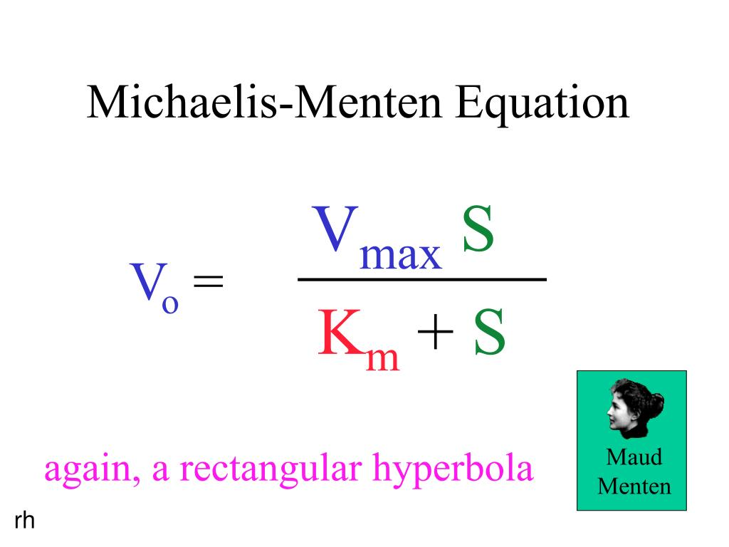 <p>The Michaelis-Menten equation is expressed as (picture):</p><p></p><p>where:</p><p></p><p><em><u>V0</u></em> is the <em>initial reaction velocity.</em></p><p><em><u>V</u></em><u>max​</u> is the <em>maximum reaction velocity.</em></p><p><u>[</u><em><u>S</u></em><u>]</u> is the <em>substrate concentration.</em></p><p><em><u>Km</u></em>​ is the Michaelis constant,<em> representing the substrate concentration at which the reaction velocity is half of Vmax​.</em></p>
