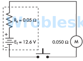 <p>Use the diagram to determine the power consumed by the motor when the push button</p><p>is depressed. (Round the FINAL answer to the nearest whole number.)</p><p>Note: All voltage sources contain internal resistance that is usually ignored in</p><p>calculations because the resistive value of the load is so much greater than the</p><p>resistance of the source. This is not always the case. (Rb represents the battery's internal</p><p>resistance.)</p><p>Answer:</p>