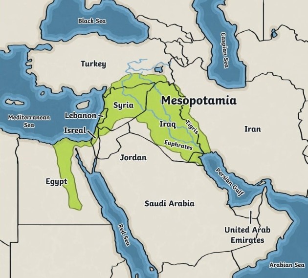 <p>The ancient Greeks named this area Mesopotamia, which means ‘land between two rivers.’ They named it this way because the area was bordered by the Euphrates and Tigris rivers. It is a deserted region. Cities arised around the rivers</p>