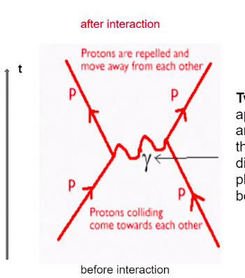 Two protons approach each other and they are repelled, they then change direction as a virtual photon passes between them.

