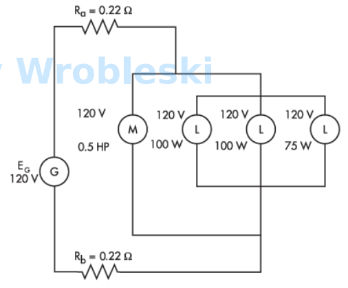 <p>Use the diagram to determine total resistance. (Round the FINAL answer to one decimal</p><p>place.) Note: Use the rated voltage and wattage to determine resistance.</p><p>Note: Ra and Rb represent the resistance of the wire. The 120 volts of the motor and</p><p>lamps is their rated voltage and not the actual voltage.</p><p>Answer:</p>