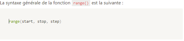 <p><strong><u><sup>Boucle for: Fonction range() </sup></u></strong></p><p></p><p>1.A quoi sert la fonction range?</p><p>2.Que permet -elle de faire avec la boucle for</p><p>2.Dans l'image ci dessus dire a quoi renvoie les mots clés <strong>"start","stop","step"</strong></p>