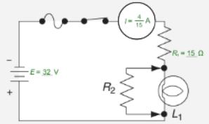<p>The current in the original circuit (without R2 ) is 4/15 of an ampere or approximately 267 mA. What value of resistor (R2 ) could be installed in parallel with the lamp to reduce the current through the lamp to half that value?</p><p>(Note: The values calculated for this question may be used for additional questions.)</p>