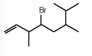 <p>&nbsp;&nbsp; A correct IUPAC name for the following compound is:</p><p></p><p>3,6,7-trimethyl-4-bromo-1-octene</p><p></p><p>4-bromo-3-methyl-6-isopropyl-1-heptene</p><p></p><p>4-bromo-3,6,7-trimethyl-1-octene</p><p></p><p>4-bromo-6-isopropyl-3-methyl-1-heptene</p><p></p><p>4-bromo-6-isopropyl-3,6-dimethyl-1-hexene</p>