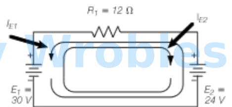 <p>Find the total current through R in the circuit using the principle of superposition.</p><p>Calculate to one decimal place.</p>