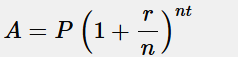 <p>A = P(1 + r/n)^nt</p>