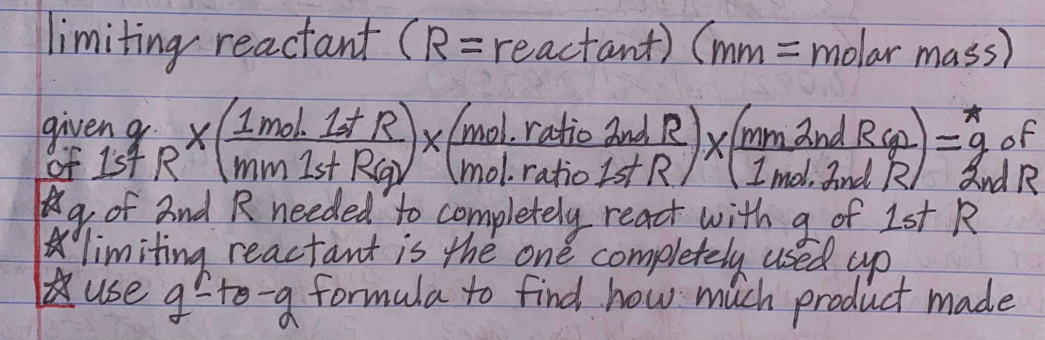 <p>1) find/use limiting reactant</p><p>2) Use mole to mole or gram to gram conversion of limiting reactant and product to find the product yield</p>