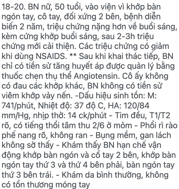 <p><span class="tt-bg-yellow">20. Tiếp theo BN đc làm xét nghiệm, kết quả xét nghiệm: HGB: 105 g/l, HCT 31,0%, ferritin huyết thanh : 95 (bt&gt;45ng/mL), huyết thanh sắt: 36 mcg/dL (bt: 40-160 mg), RF 253 UI/mL; anti- CCP 1000UI/mL (bình thường &lt; 50 UI/ mL), kháng thể DsDNA(-); chụp XQ bàn tay có sự bào mòn sụn khớp của các khớp bàn ngón khám ở trên, DAS28: 4,6. Lựa chọn phương pháp điều trị cho BN</span>:</p><p>A. NSAIDs+Paracetamol-các thuốc điều trị cơ bản cho BN</p><p>B. Corticoid uống +Paracetamol + các thuốc điều trị cơ bản cho BN</p><p>C. Corticoid mini bolus + Paracetamol + các thuốc điều trị cơ bản cho BN</p><p>D. Corticoid bolus + Paracetamol + các thuốc điều trị cơ bản cho BN</p>