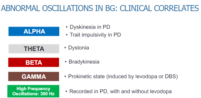 <p><strong>Beta oscillations</strong>: Associated with dyskinesia and trait impulsivity in Parkinson’s disease (PD), as well as bradykinesia.</p><p><strong>Alpha oscillations</strong>: Linked to dystonia, a movement disorder characterized by muscle contractions.</p><p><strong>Theta oscillations</strong>: Seen in various motor dysfunctions and cognitive impairments in PD.</p><p><strong>Gamma oscillations</strong>: Associated with motor control and may play a role in dystonia and bradykinesia.</p><p><strong>High-frequency oscillations (300 Hz)</strong>: Recorded in PD patients, both with and without levodopa, and may be related to dyskinesia and other motor symptoms.</p>