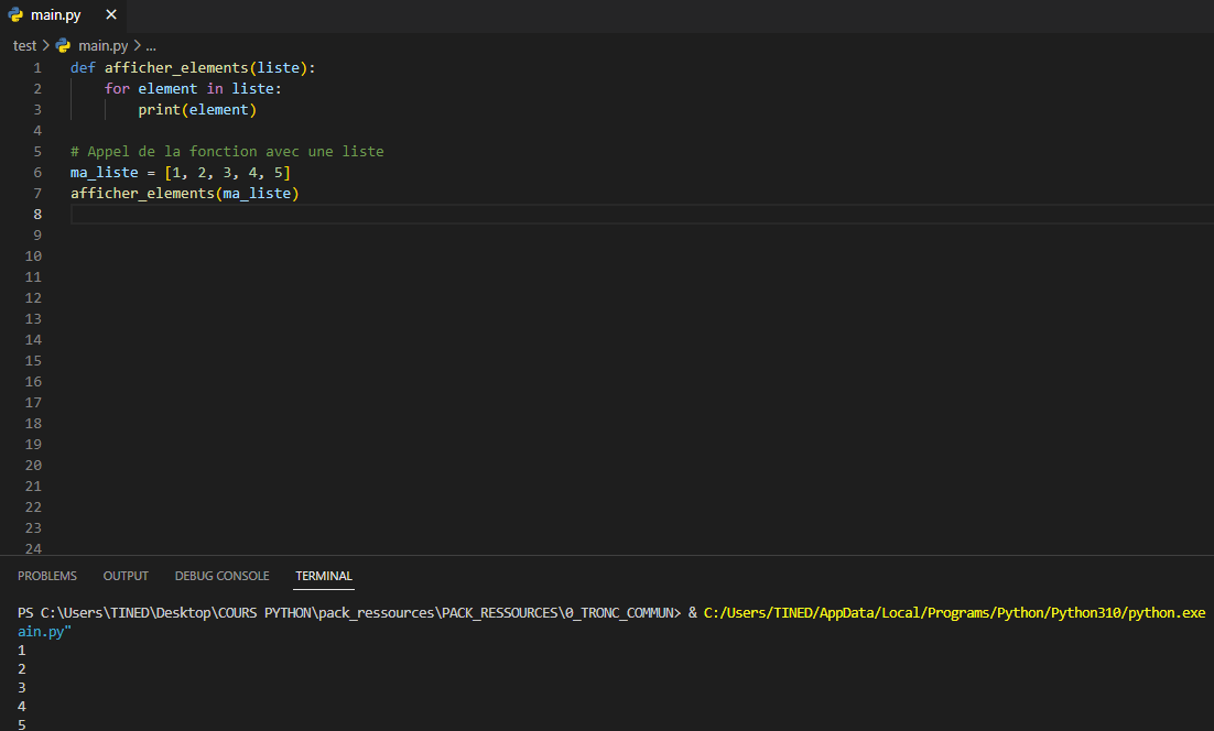 <p>Dans cet exercice, nous avons défini une fonction afficher_elements qui prend un paramètre liste. À l'intérieur de la fonction, nous utilisons une boucle for pour parcourir chaque élément de la liste et l'afficher à l'aide de la fonction print(). Ensuite, nous appelons la fonction en passant une liste spécifique ma_liste comme argument.</p>