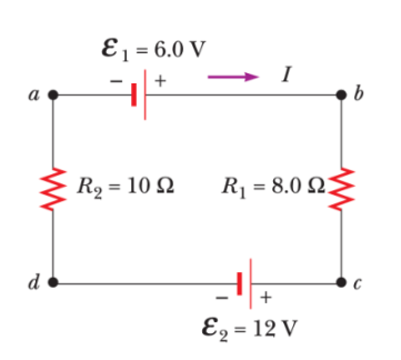 <p>Un circuito de una sola espira contiene dos resistores y dos baterías, como se muestra en la figura. Encuentre la</p><p>corriente en el circuito</p>