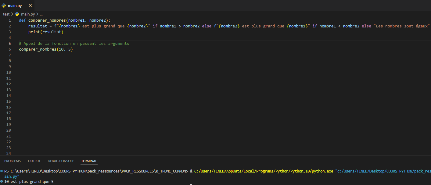 <p>. L'opération ternaire permet d'écrire une <strong>expression conditionnelle</strong> concise sur une seule ligne.</p><p></p><p>-Dans l'opération ternaire utilisée ici, nous évaluons la condition nombre1 &gt; nombre2. </p><p>-Si la condition est vraie, nous affectons à resultat la chaîne formatée "{nombre1} est plus grand que {nombre2}". </p><p>-Sinon, nous évaluons la condition nombre1 &lt; nombre2. </p><p>-Si   nombre1 &lt; nombre2, nous affectons à resultat la chaîne formatée "{nombre2} est plus grand que {nombre1}". </p><p>-Sinon, lorsque les deux conditions sont fausses, nous affectons à resultat la chaîne "Les nombres sont égaux".</p><p>-Ensuite, nous utilisons la fonction print() pour afficher le résultat</p>