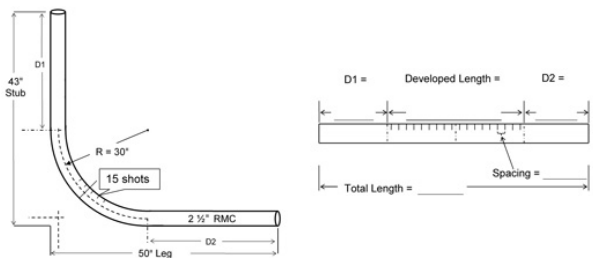 <p>Question 34</p><p>What is the distance (D1) from the stub end of the conduit to the start of the developed</p><p>length? Note: The values calculated for this question may be used for additional</p><p>questions. (Round the answer to four decimal places to find the nearest 1/16 ". Answer the</p><p>question in the form of a decimal.)</p>