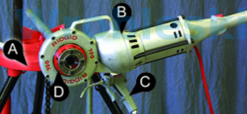 <p>Question 18</p><p>Match the correct description to the corresponding letter in the illustration.</p><p></p><p>Options:</p><p>Power Pony</p><p>Pipe Vise</p><p>Oiler</p><p>Die Head</p>