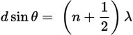 <p><em>d</em> is the distance between the two slits</p><p><em>θ</em> is the angle between the line drawn from the midpoint between the two slits to the dark fringe and the normal</p><p><em>n</em> is an integer indicating the number of the fringe</p><p><em>λ</em> is the wavelength of the incident wave</p>