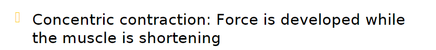 <p>force is developed while the muscle is shortening </p>