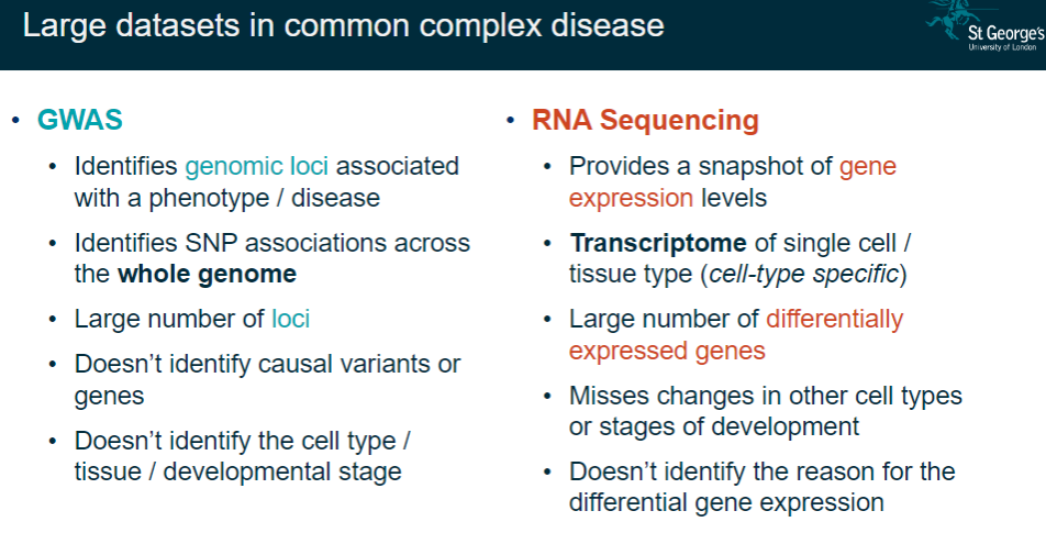 <p>Identifies genomic loci associated with a phenotype/disease.</p><p>Detects SNP associations across the entire genome.</p><p>Reveals a large number of loci.</p><p>Does not identify causal variants or genes.</p><p>Fails to pinpoint cell type, tissue, or developmental stage.</p>