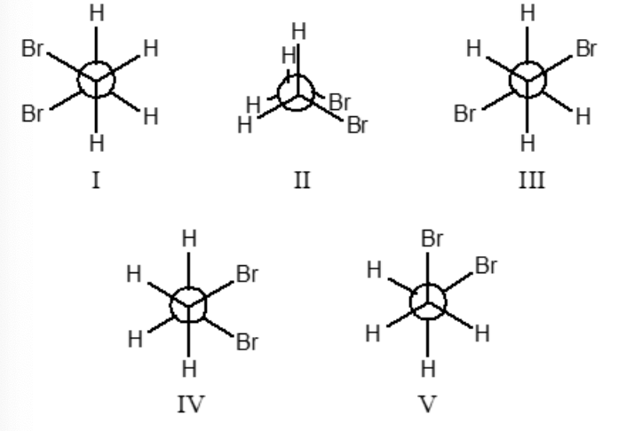 <p>Which conformation(s) of 1,2-dibromoethane does not illustrate one or more gauche interactions?</p>