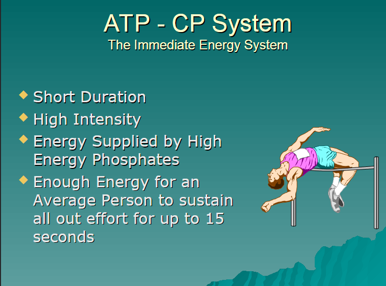 <p>ATP-PCR system</p><p>short duration</p><p>high intensity </p><p>enough energy to sustain an all out effort for 15 seconds </p>