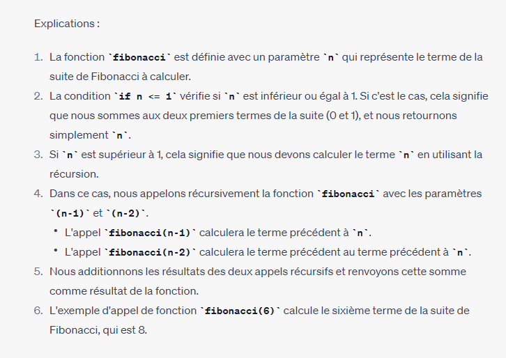 <p>Essaye de reproduire le code a partir de son explication en image</p><p>Enoncé:</p><p><strong><u><sup>Calcul de la suite de Fibonacci </sup></u></strong></p><p>Écrivez une fonction récursive appelée fibonacci qui prend un entier n comme argument et renvoie le nème terme de la suite de Fibonacci. La suite de Fibonacci est définie comme suit : les deux premiers termes sont 0 et 1, et chaque terme suivant est la somme des deux termes précédents</p>