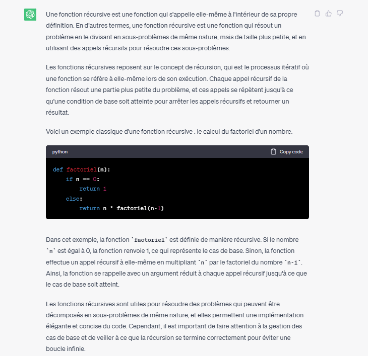 <p>une fonction récursive est une fonction qui résout un problème en le divisant en sous-problèmes de même nature, mais de taille plus petite, et en <em><u>utilisant des appels récursifs pour résoudre ces sous-problèmes.</u></em></p>