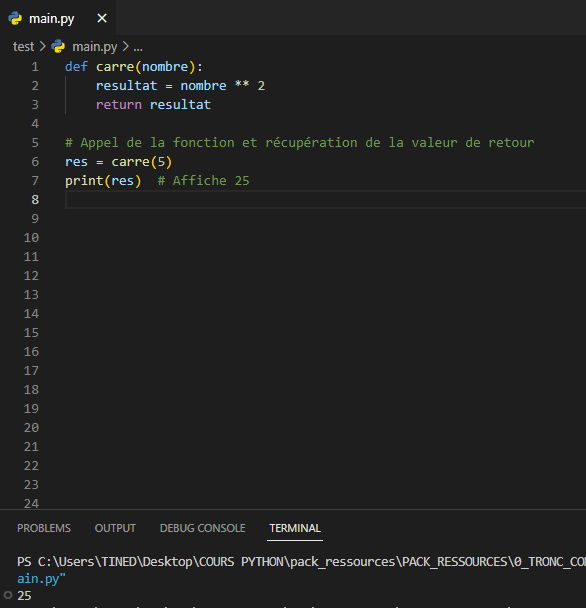 <p>Dans cet exemple, nous avons une fonction carre qui prend un argument ... et renvoie le carré de ce nombre en utilisant l'<strong><u>... </u></strong>. Lorsque nous appelons la fonction carre avec l'argument 5, la fonction effectue le calcul<strong><u>... </u></strong>et renvoie le résultat 25. Nous stockons cette valeur de retour dans<strong><u>... </u></strong>et l'affichons ensuite avec la fonction print().</p><p>La valeur de retour dans une fonction permet de <strong><u>...</u></strong><sup>(3mots)</sup> d'une opération ou d'une transformation effectuée par la fonction, ce qui permet de l'utiliser dans d'autres parties du programme ou de le manipuler selon les besoins.</p>
