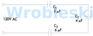 <p>The voltage drop on a capacitor is found using: Ec = I x Xc . Which capacitor would have</p><p>the largest voltage drop in this circuit.</p><p>a. C1</p><p>b. C2</p><p>c. C3</p><p>d. They all have the same voltage drop.</p>