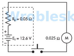 <p>Use the diagram to determine the power consumed by the motor when the push button</p><p>is depressed. (Round the FINAL answer to the nearest whole number.)</p><p>Answer:</p>