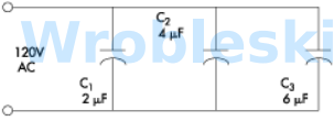 <p>The voltage drop on a capacitor is found using: Ec = I x Xc . Which capacitor would have</p><p>the largest voltage drop in this circuit.</p><p></p><p>a. C1</p><p>b. C2</p><p>c. C3</p><p>d. They all have the same voltage drop.</p>