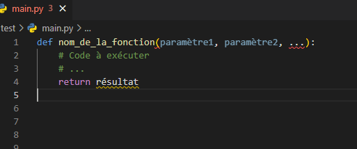 <p>une fonction est définie à l'aide du mot-clé def, suivi du <em>nom de la fonction</em> et d'une paire de parenthèses. <strong><em>Les paramètres </em></strong>de la fonction, c'est-à-dire les valeurs d'entrée qu'elle attend, sont spécifiés entre les parenthèses. Le <em>corps de la fonction</em>, où le code à exécuter est défini, et <em><u>indenté</u></em> <u>par rapport a la ligne de définition</u></p>