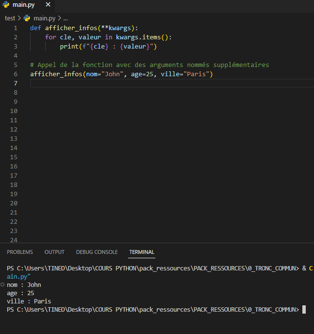 <p>Dans cet exemple, la fonction afficher_infos utilise **kwargs comme <strong><em><u><sup>(1)</sup></u></em></strong>. Lorsque nous appelons cette fonction avec des <strong><em><u><sup>(2)</sup></u></em></strong> nommés supplémentaires, comme nom="John", age=25 et ville="Paris", ces derniers sont collectés dans un <strong><u><sup>(3)</sup></u></strong> où les noms des arguments sont<strong><u><sup> (4)</sup></u></strong>. Ainsi, les valeurs <strong><u><sup>(5)</sup></u></strong>correspondent aux valeurs des clés. À l'intérieur de la fonction, nous parcourons ensuite le dictionnaire avec une boucle for et affichons chaque clé et valeur.</p>