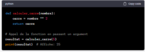 <p>Quel est l'argument de la fonction calculer_carre? Que se passe-t'il quand on fait calculer carré(5)?</p>