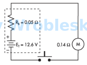 <p>What would the current flow be if a short circuit is put across the battery's terminals?</p><p>Note: All voltage sources contain internal resistance that is usually ignored in</p><p>calculations because the resistive value of the load is so much greater than the</p><p>resistance of the source. This is not always the case. (Rb represents the battery's internal</p><p>resistance.)</p><p>Answer:</p>