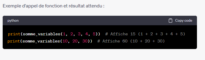 <p><strong><u><sup>Calcul de la somme de nombres variables</sup></u></strong></p><p> Écrivez une fonction récursive appelée somme_variables qui prend un nombre variable d'arguments et renvoie la somme de tous les nombres fournis. Utilisez la récursion et la boucle for pour résoudre ce problème.</p><p>Exemple d'appel de fonction et résultat attendu :voir image</p>