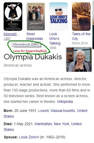 Q13) Olympia Dukakis , who passed away recently, was renowned _________? 
