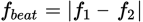 <p><em>f</em><sub>1</sub> and <em>f</em><sub>2</sub> represent the two frequencies that are close in pitch</p><p><em>f<sub>beat&nbsp;</sub></em>represents the resulting beat frequency</p>