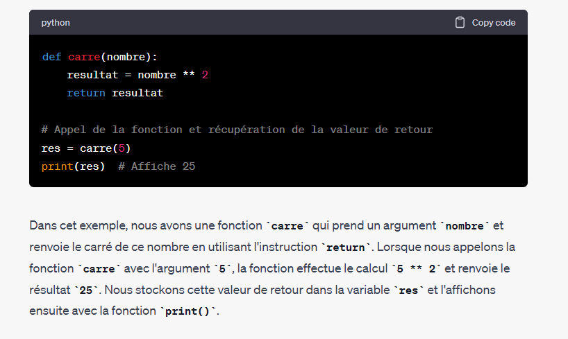 <p>1. nombre</p><p>2.instruction return</p><p>3. 5 ** 2</p><p> 4.la variable res</p><p>5 capturer le résultat</p>