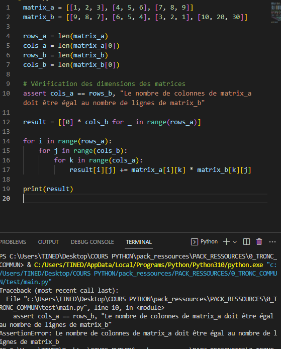 <p>Essaye d'analyser et commenter chaque ligne de code en précisant le role d'"assert" et <strong>result = [[0] * cols_b for _ in range(rows_a)]</strong></p><p>(ou lit directement la réponse si c'est trop compliqué!)</p>