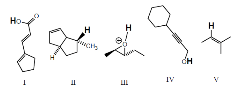 <p>Rank the <strong>bold-faced</strong> hydrogens for the following compounds from most acidic to least acidic.</p>