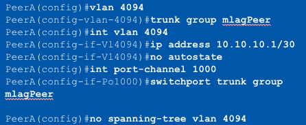 <p><strong>MLAG Configuration</strong></p><p><strong>Step 2: Create the Peer link VLAN</strong></p><p>- VLAN used for MLAG TCP/UDP session</p><p>- SVI needs to be created for the VLAN</p><p>- Spanning tree must be <span class="tt-bg-red">____</span> on the VLAN</p><p>- Peer link VLAN recommended to be configured within a "trunk group"</p><p>- Trunk group needs to be explicitly configured on the peer link</p>