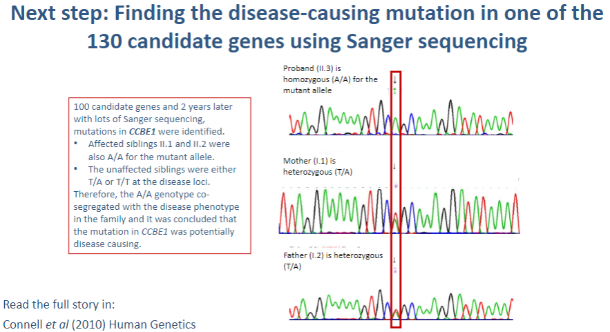 <p><strong>Sanger sequencing</strong>: This method is used to sequence the DNA of the candidate genes to identify specific mutations that may be causing the disease.</p>